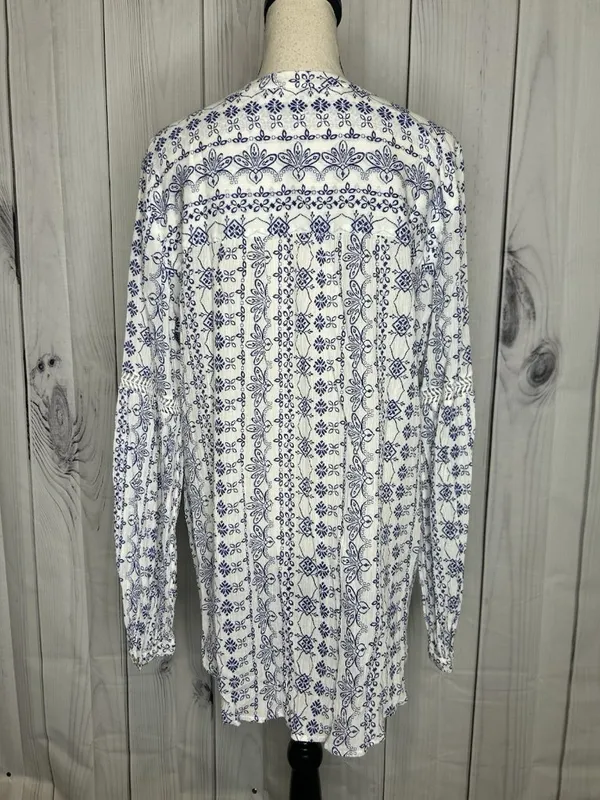 Ann Taylor Loft Blue White Floral Print V-Neck Cotton Tunic Top Sz L Lightweight - Image 9