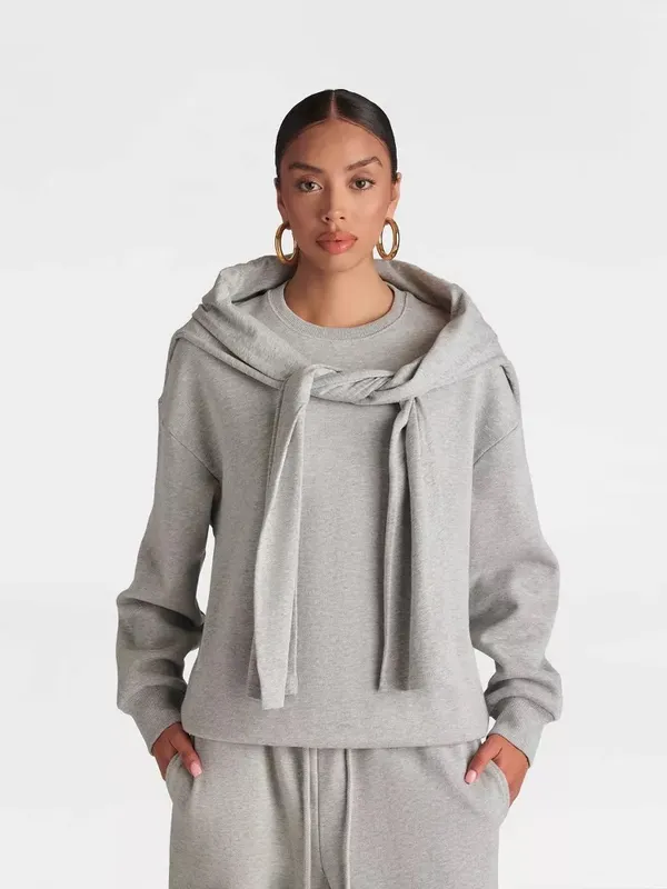 Women's Gray Crewneck Sweatshirt with Waist Tie - Image 3
