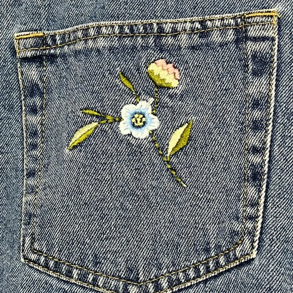 Bugle Boy Floral Embroidered Blue Denim Pockets Cottage Summer Vintage Skirt 16 - Image 4