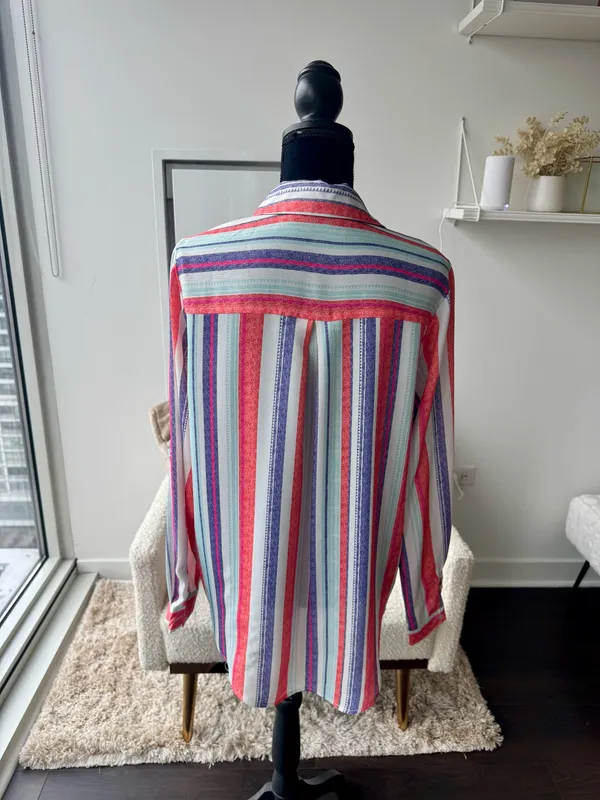 Boutique9 Bright Pink Orange Striped Long Sleeve Button Front Shirt Size Large - Image 4