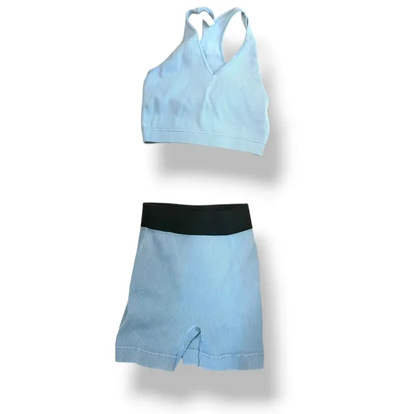 Zenana Light Blue Ribbed Sports Bra Biker Shorts Matching Workout Set L/XL - Image 8