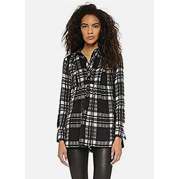 Free People Baby Blues Plaid Tunic Top Women's Size XS Babydoll Black White‎ - Image 2