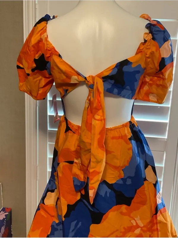 Backless Puff-Sleeve Floral Midi Dress - Orange & Blue - Image 4
