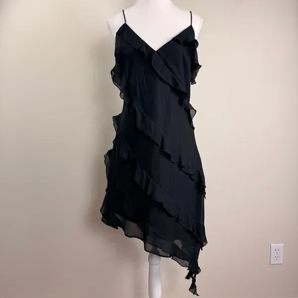 Abercrombie & Fitch Black Ruffle Asymmetrical Handkerchief Hem Midi Dress‎ Large - Image 5
