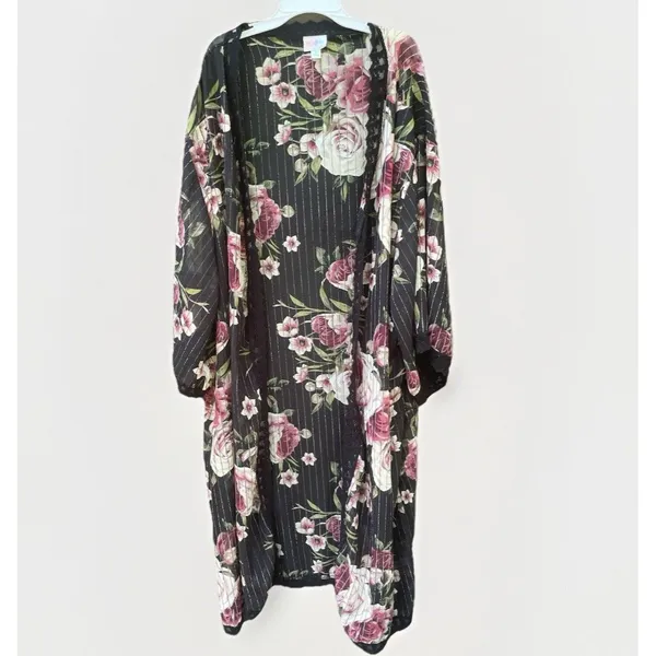 LuLaRoe Black Rose Floral Kimono Lace Duster XL Boho Whimsigoth Resort Cruise Cover Up - Image 7