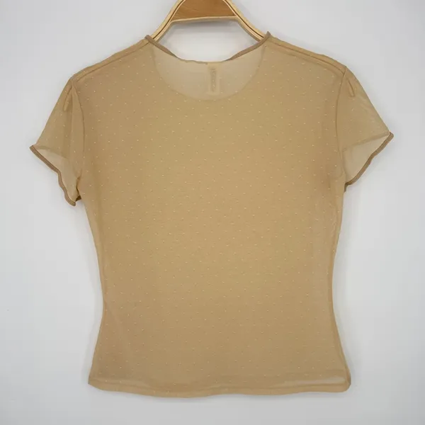 Ralph Lauren Pointelle Mesh Short‎ Sleeve Tee Small Beige Y2K Minimalist Chic - Image 5