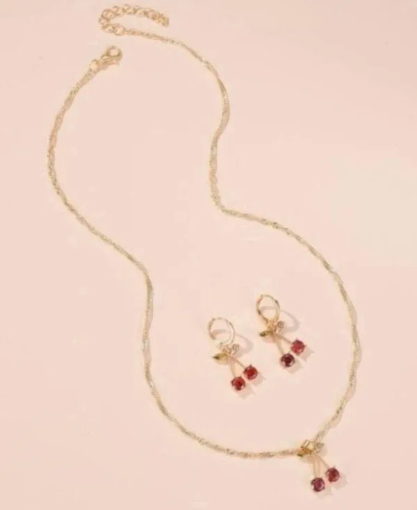 18K Gold Plated Cherry Jewelry Set Cherry Pendant Necklace Crystal Cherry Dangle Drop Earrings(2pcs/set) - Image 2