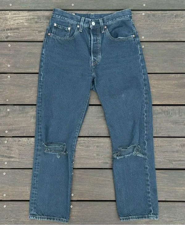 Levi's Straight Leg 501 Dark Wash Blue Denim Jeans w/ Distressed Knees - Image 5
