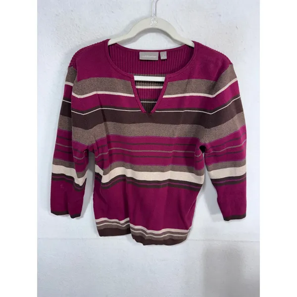 Croft & Barrow L‎ Purple Sweater Women's Striped V-Neck 3/4 Sleeve - Image 3