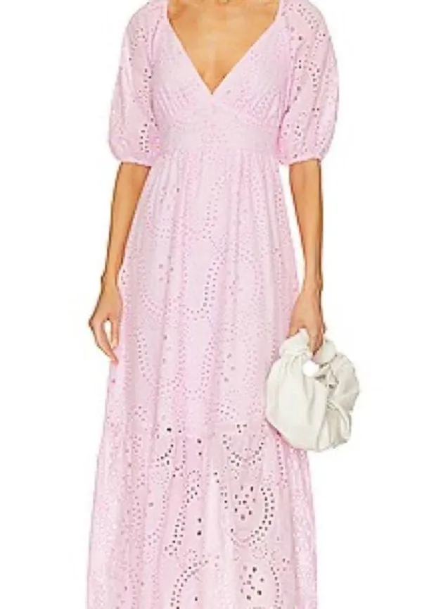 Sanctuary Ruffle Puff Sleeve Eyelet Maxi Dress Pink Size 6 NWOT - Image 3