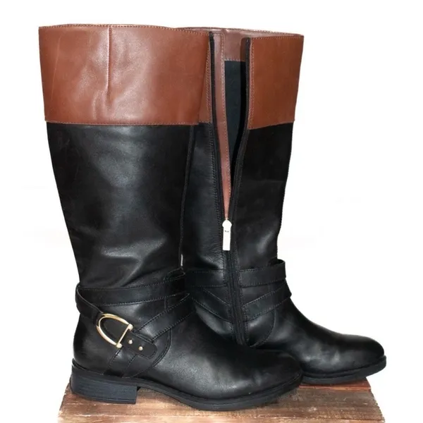 Bandolino Two-Tone Leather Riding Boots Black Brown Gold Buckle Size 6 - Image 12