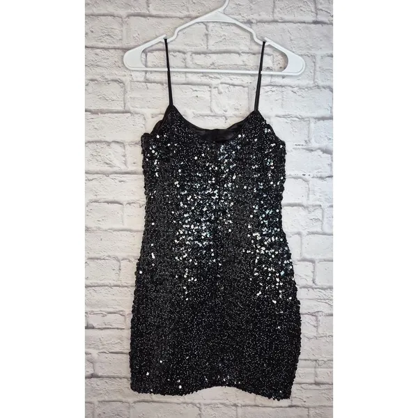 Vtg Hollywood Nites Sequin Dress Sz 8 Homecoming Black Cocktail Cami Mini 90s - Image 5