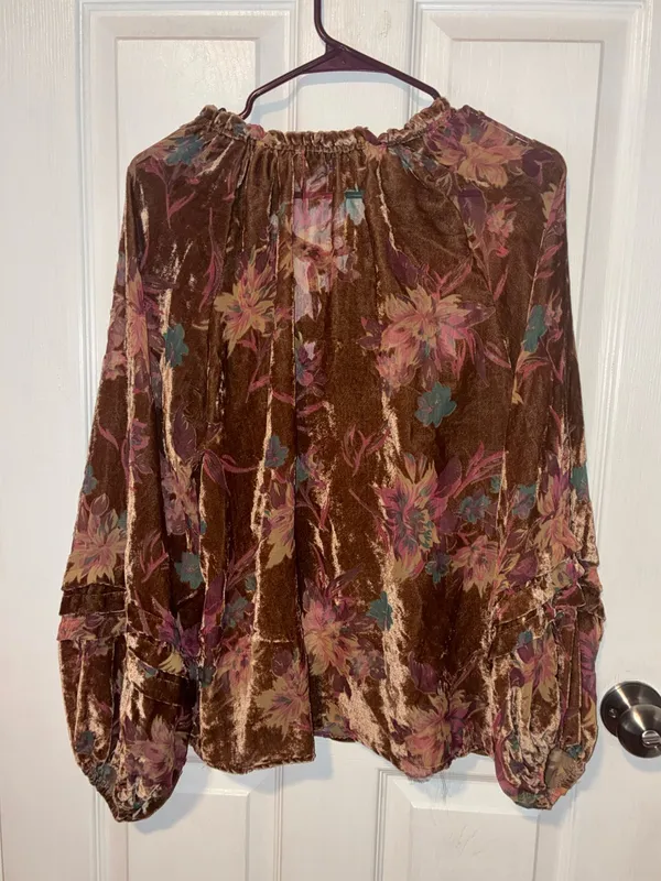 Fate Brown Velvet Floral boho sheer Tie-Neck Peasant Blouse - Image 4