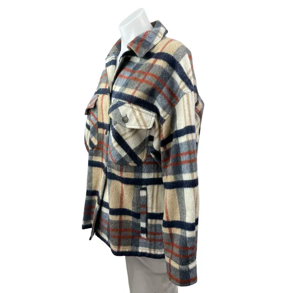 Zara Brown Wool Plaid Check Collared Long Sleeve Button Down Shirt Coat Jacket S - Image 2