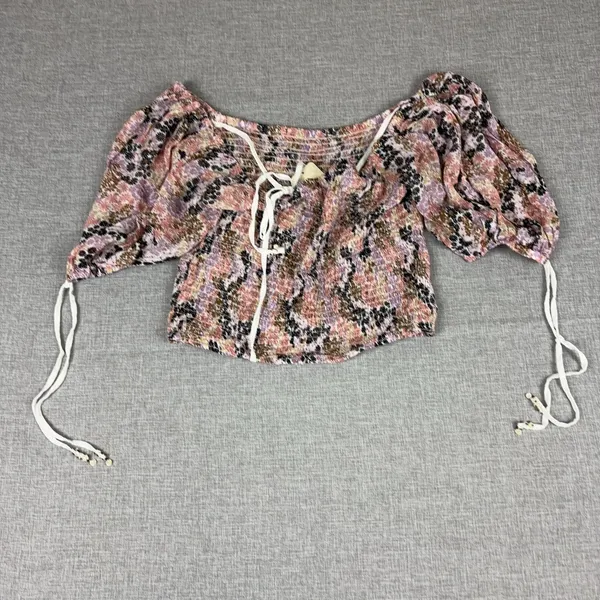 Free People Blouse Womens Small Off Shoulder Puff Sleeve Cropped Floral - Image 9