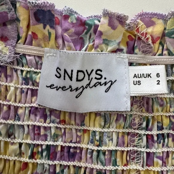 SNDYS Everyday Tina Midi Dress Size 2 Purple Yellow Floral Print Smocked Bodycon - Image 8