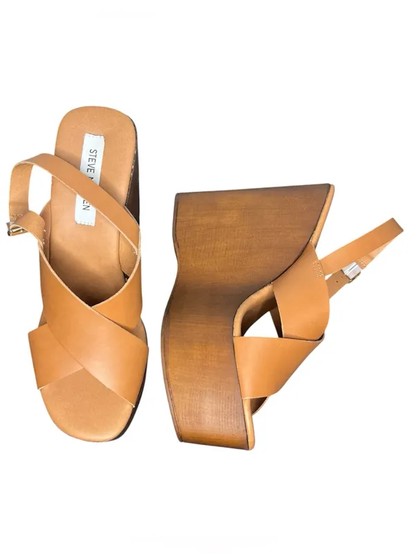 Steve Madden Cognac Leather Criss Cross Open Toe Slingback Galaxy Wedge Sandals - Image 9