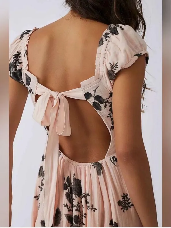 Free People Forgot Me Not Peach Combo Floral Open-Back Maxi Dress Boho Sz M - Image 15