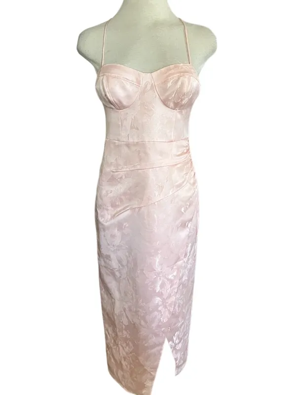 BHLDN Levi Corset Ruched Satin Jacquard Side-Slit Midi Dress Size 4 - Image 3