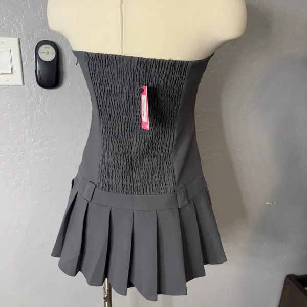 EDIKTED Pleated Drop Waist Mini Dress, Dark Gray, M - Image 3