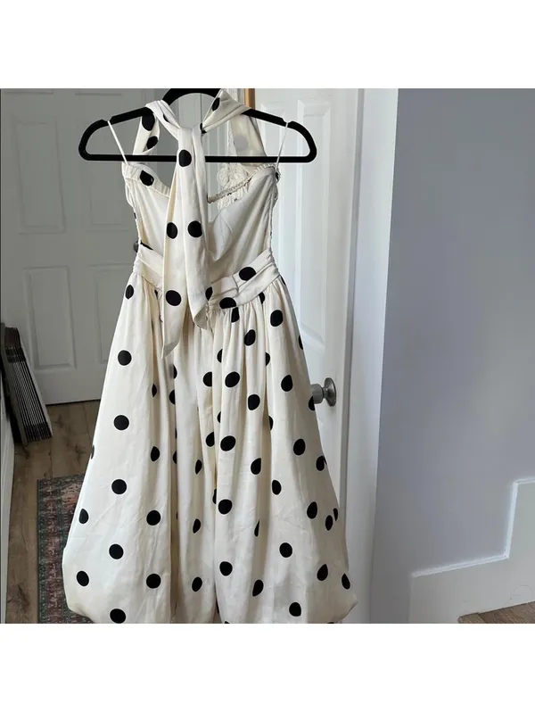 Retro Polka Dot Bubble Midi Dress Convertible Straps in Cream Black Size S - Image 8
