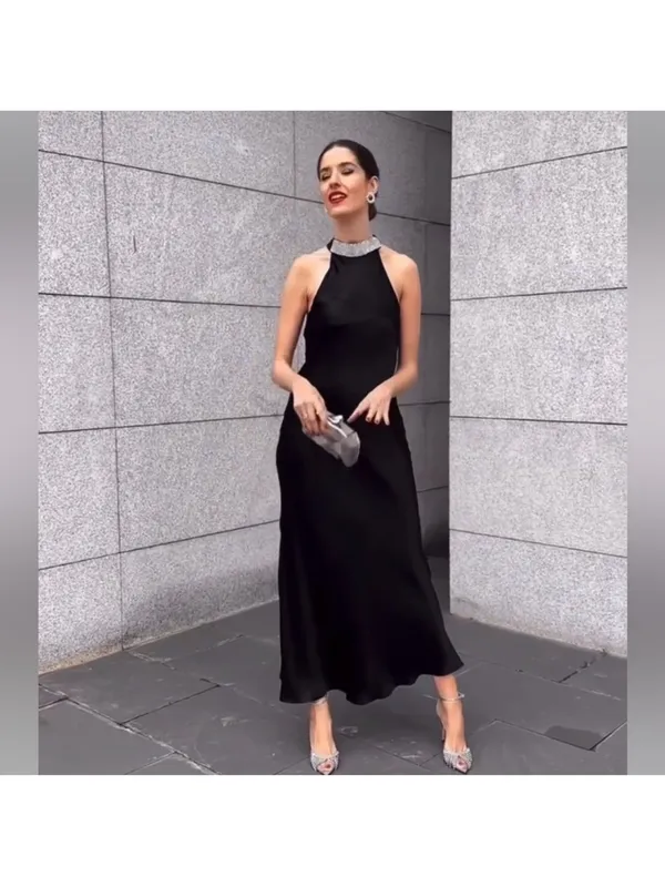 ZARA Black Maxi Halter Dress with Silver Embellished Neck - Image 6