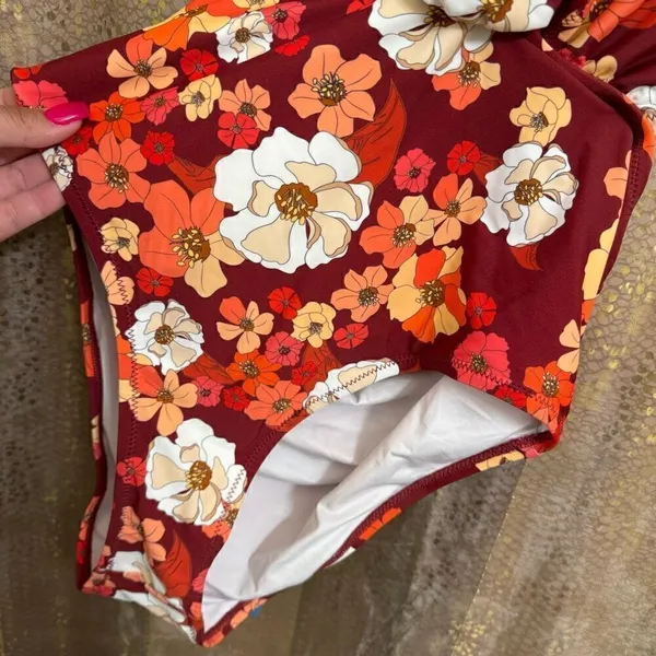 Cupshe Red Orange Floral Olivia Cut Out Tie Back‎ One Piece Swimsuit XL NWT - Image 4