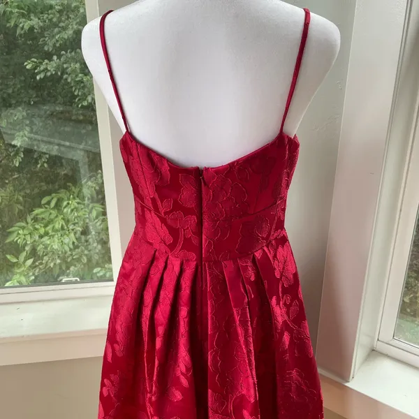 David’s Bridal Crimson Red Floral Jacquard Ballet Scoop Neck Homecoming Dress - Image 4