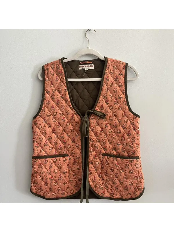Free People Claudine Quilted Floral Vest In Orange And Olive - Image 3