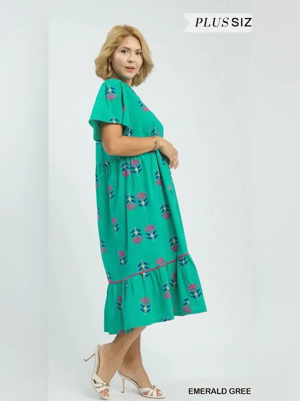 New! Umgee Cotton Emerald Green Embroidered Tiered Midi Dress Size 2X - Image 3