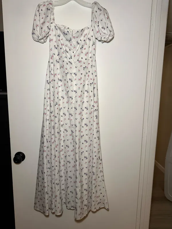 White Floral Off/On Shoulder Short Sleeve Maxi Dress Women’s XS - Image 5