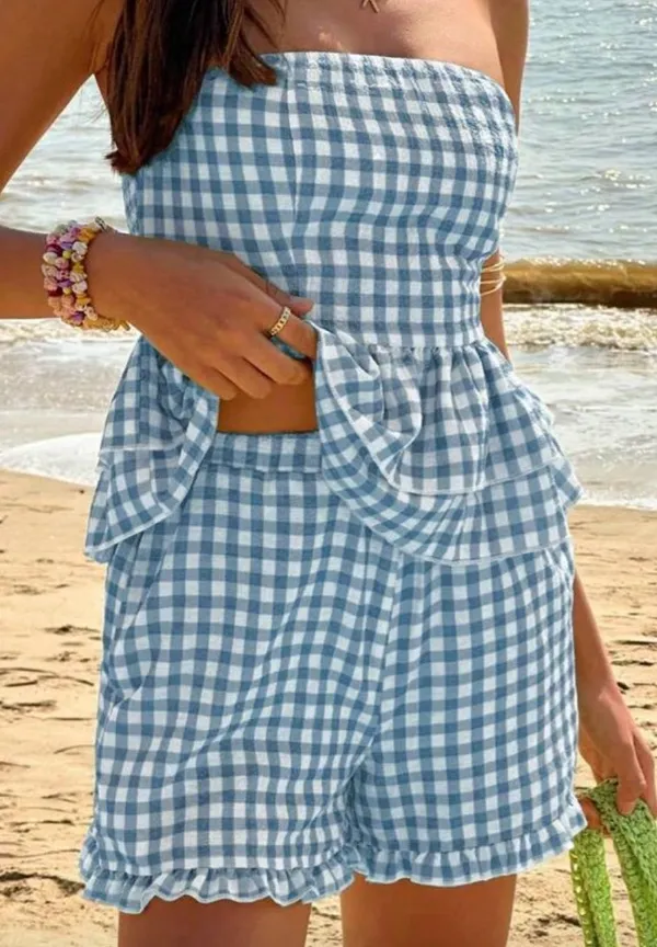 SheIn Jouncy Summer Vacation Casual Textured Plaid Print Ruffle Hem Tube Top & Loose Shorts - Image 2