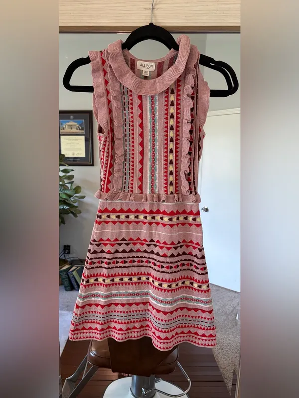 Allison New York Jacquard Knit Fit & Flare Dress Size XS Sparkle Ruffles Pink - Image 3