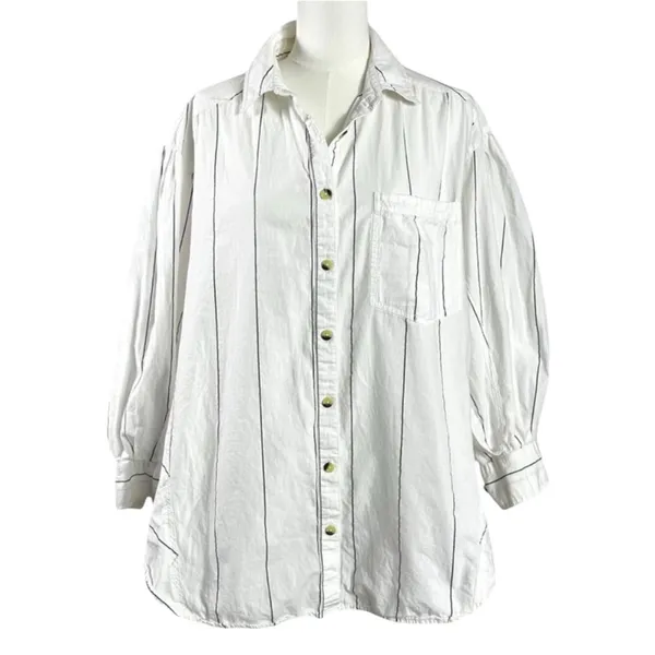 Free People Oversized Happy Hour Stripe Button Down Top White Black Small Preppy - Image 8