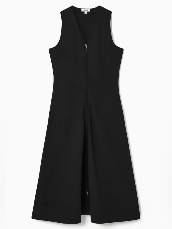 COS Black Zip-Front V-Neck Midi Dress Small - Image 2