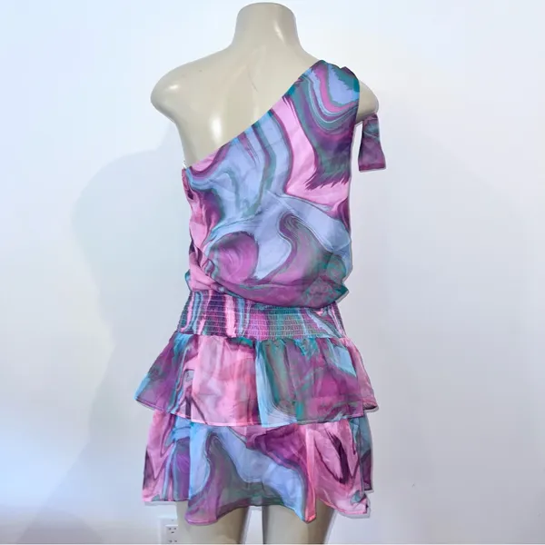 Amanda Uprichard McKinley One Shoulder Mini Dress Sz S Small Chiffon Mystic Revo - Image 5