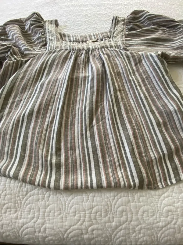 Studio West Brown Multi-Stripe Square Neck Peasant Blouse Linen and Cotton Blend - Image 8