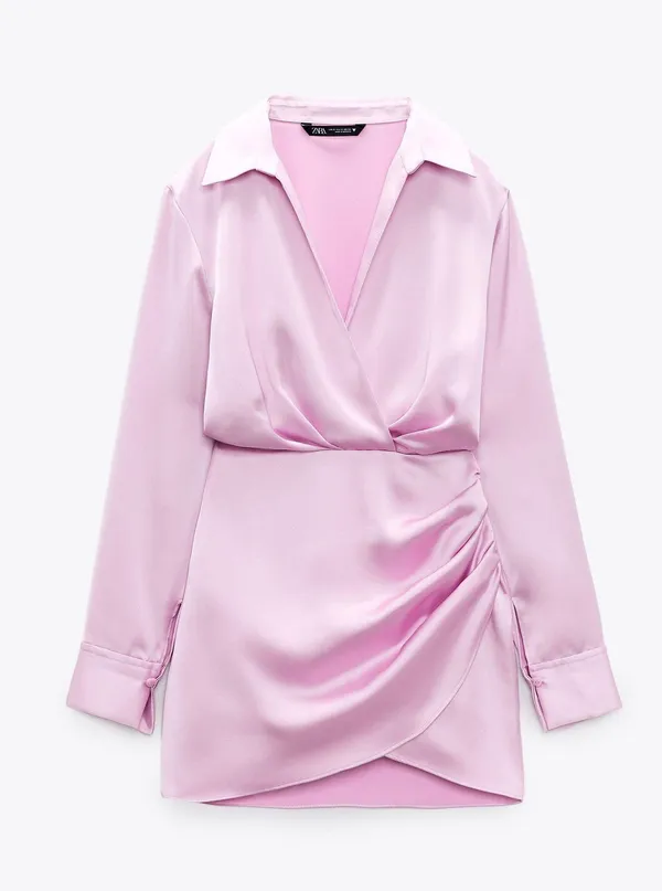 mini dress satin effect drapped long sleeve pink party wedding coctail - Image 5