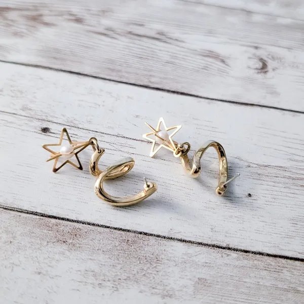 Vintage Earrings for Pierced Ears Twist Dangle with 3D Star & Faux Pearl - Image 3