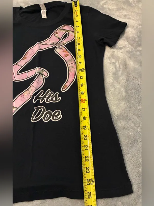 Women’s Ideal T by NEXT LEVEL Black Tee with Pink Camo Ribbon "His Doe" Size M - Image 4