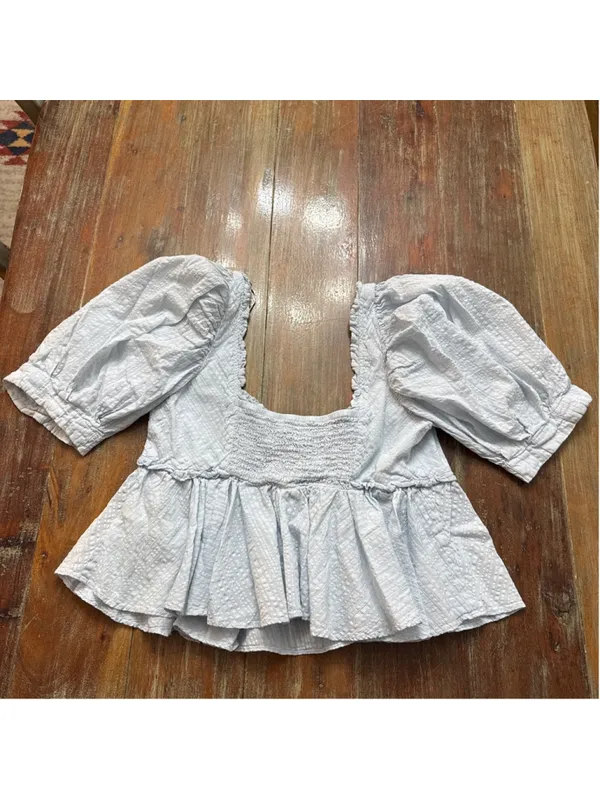 Free People Baby Blue Seersucker Puff Sleeve Babydoll Top Smocked Back S - Image 11