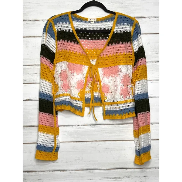 POL Crochet Tie Front Cardigan Floral Lace Striped Boho Sweater Medium - Image 2