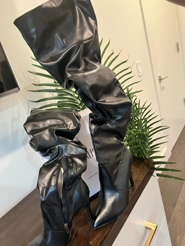 Women’s Black Over-the-Knee Slouchy Leather Boots - Image 2