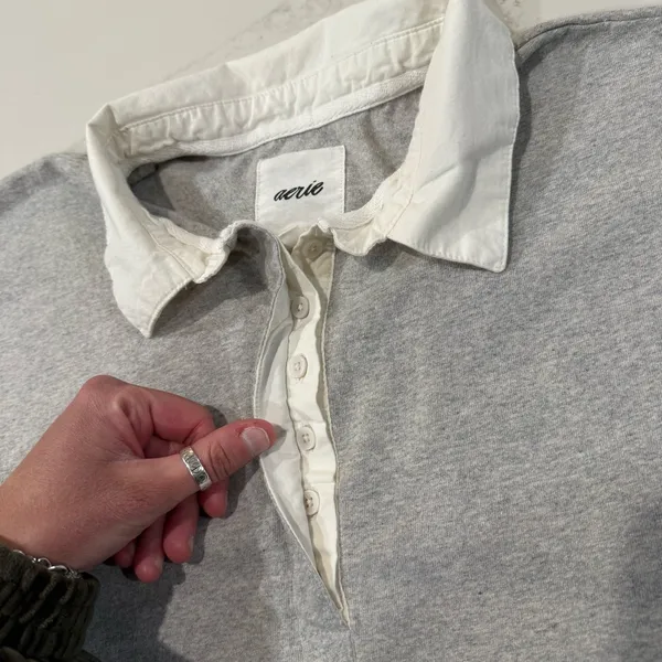 Aerie Cotton Prep Rugby Oversized Polo Long Sleeve Shirt Women’s XS Gray/White - Image 4