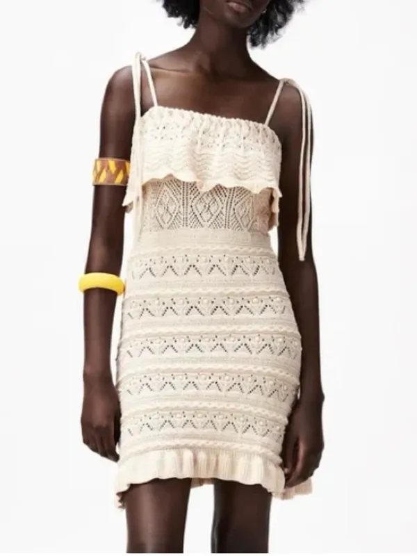 Zara Beige Crochet Knit Mini Dress - Image 2