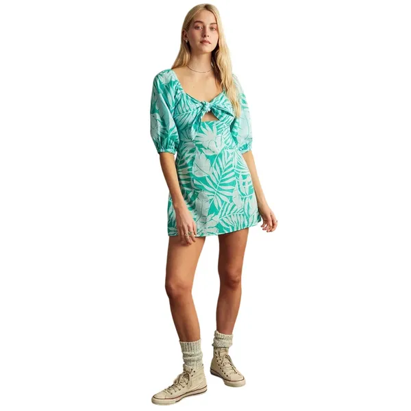 Billabong Tropical Palm Print Tie Front Mini Dress Green Teal Cotton Size Medium - Image 2