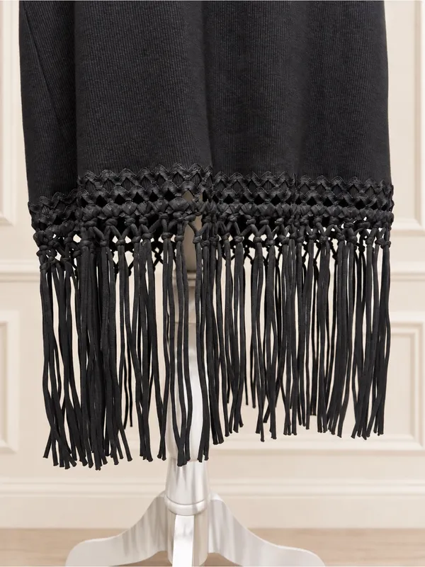 NWOT French Connection Black Ribbed Fringe Hem Midi Dress Size L Boho Swing - Image 8
