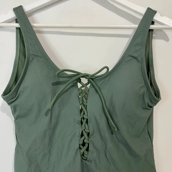 Women’s Lace Up Rib One Piece Swimsuit Olive Size Medium NWT - Image 2