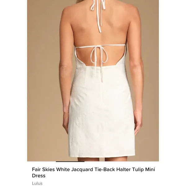 Lulus Fair Skies White Jacquard Cotton Linen Tie-Back Halter Tulip Mini Dress - Image 4