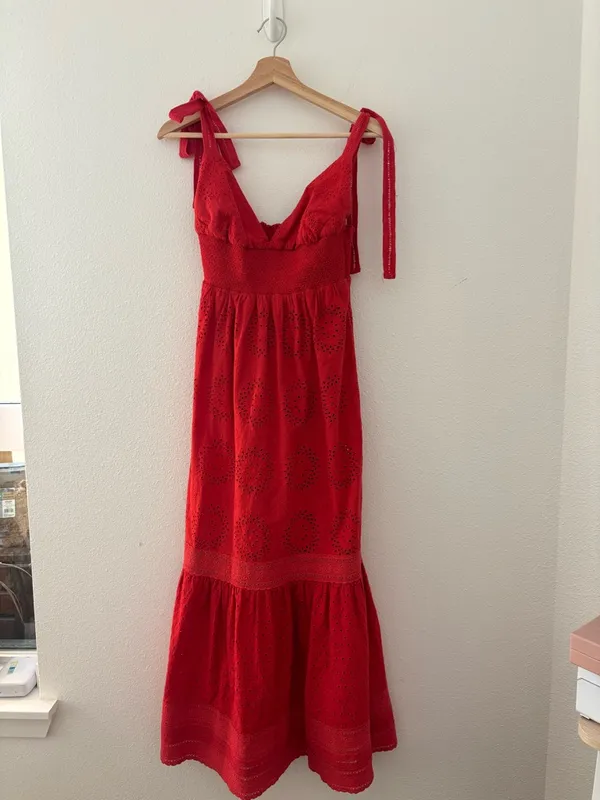 Alice + Olivia Levine Smocked Eyelet Maxi Dress in Bright Poppy Red - Image 3